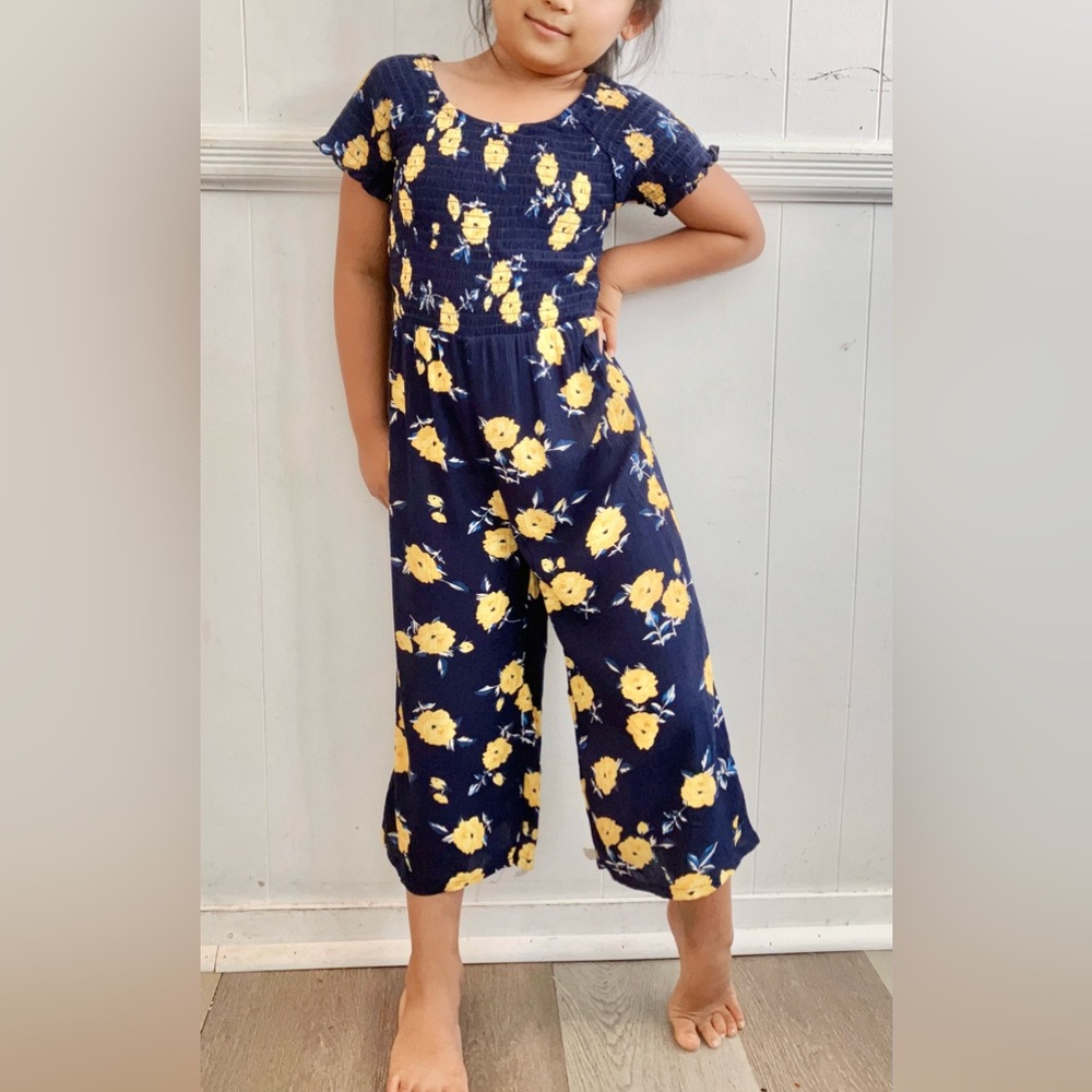 Miss Mango cottage core navy floral cropped jumpsuit (7-16T)